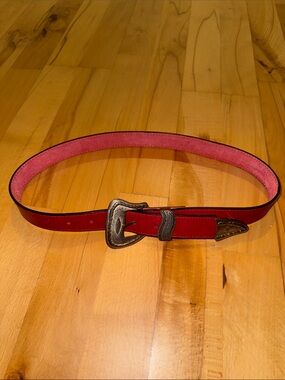 Slim Red Leather Belt with Silver Buckle